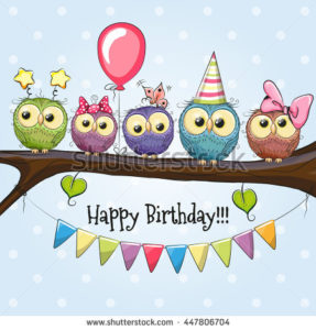 @carolynsavory stock-vector-five-owls-on-a-brunch-with-balloon-and-bonnets-447806704