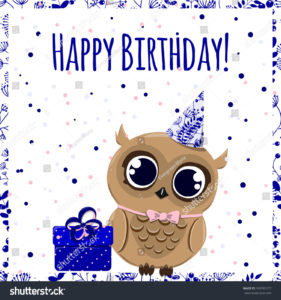 @sandraf-dixon stock-vector–cute-happy-birthday-card-with-owl-in-hat-and-with-gift-vector-illu