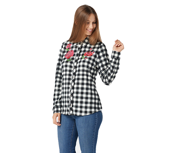 Quacker Factory Floral Embroidered Button-Front Plaid Top