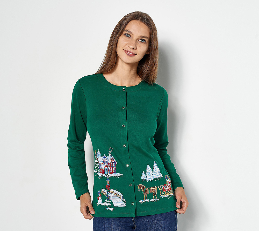 Quacker Factory Quacker Factory Sweater Christmas Tree Snow Cat Zip Up Cardigan Plus Sz 1X 