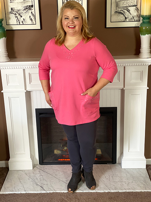 Bling V-Neck 3/4-Sleeve Tunic with Sparkle Pockets