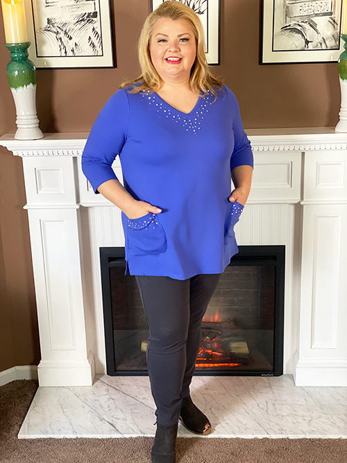 Bling V-Neck 3/4-Sleeve Tunic with Sparkle Pockets