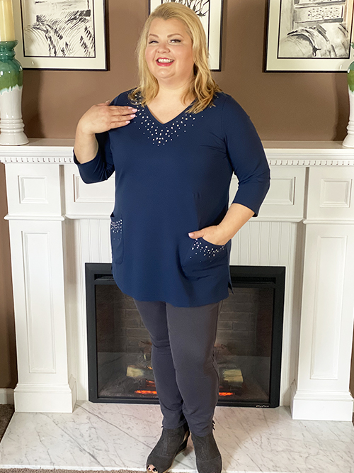 Bling V-Neck 3/4-Sleeve Tunic with Sparkle Pockets
