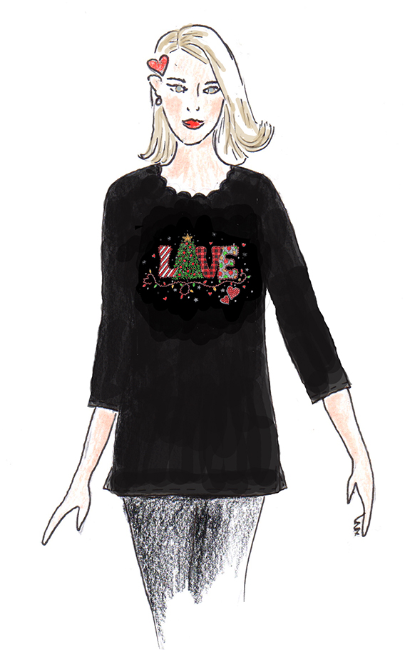Holiday 3/4-Sleeve Top with Scallop Neckline